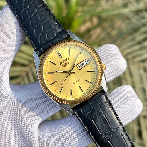 Rare Seiko 5 Automatic Sunburst SNXJ92 Fluted Bezel Japan Men's Watch 7S26-0500