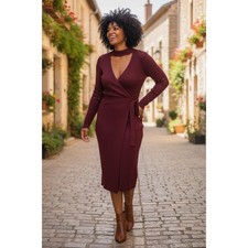 Questions Ribbed Knit Wrap Midi Dress Burgundy Mock Neck Long Sleeve Sz 2X #