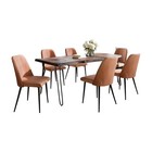 Seven Piece Solid Acacia Dining Set with Upholstered Mid-Century Modern Chairs