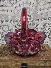 Vintage L. E. Smith Ruby Red Iridescent Glass Basket UV Reactive