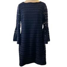 Chaps Lacey Stretch Dress Bell Sleeves Sz 12 Navy Blue Travel Wedding Guest Boho