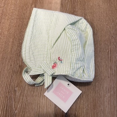 NWT Janie And Jack Seersucker Light Green And White Embroidered Bonnet 0 To 3 Mo