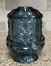 Indiana Carnival Glass Blue Stars And Bars Fairy Lamp & Candle Holder Read 3 PC