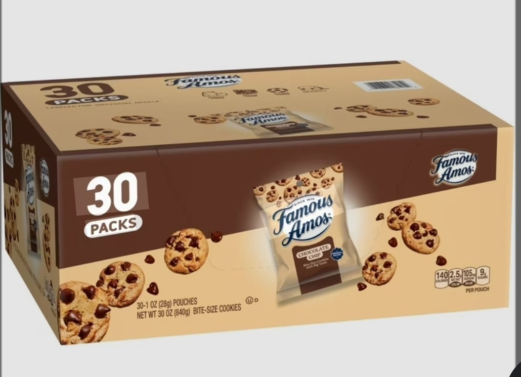 Famous Amos Original Recipe Chocolate Chip Bite-Size Cookies, 30 Pack Box, 30 oz