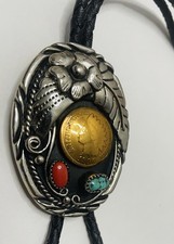 SSI Coral Turquoise Flower Feather Bolo Tie Slide Indian Head Coin Vintage