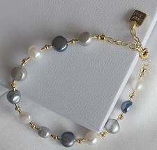 White, Blue & Grey Pearl Beaded Charm Bracelet Gold Tone Lobster Clasp Signed