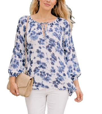 Joie Blue M White Floral Silk Chiffon Tunic Semi Sheer Blouse Shirt 3/4 Sleeve