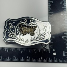 Western Covered Wagon Belt Buckle Ornate Silver Tone Western Style