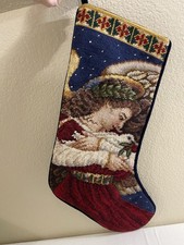 Handmade Needlepoint Angel Dove 18in Christmas Hanging Stocking Velvet Navy