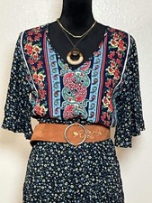 Boho Floral Paisley Maxi Dress Flutter Sleeve V-Neck Navy Blue Cottagecore