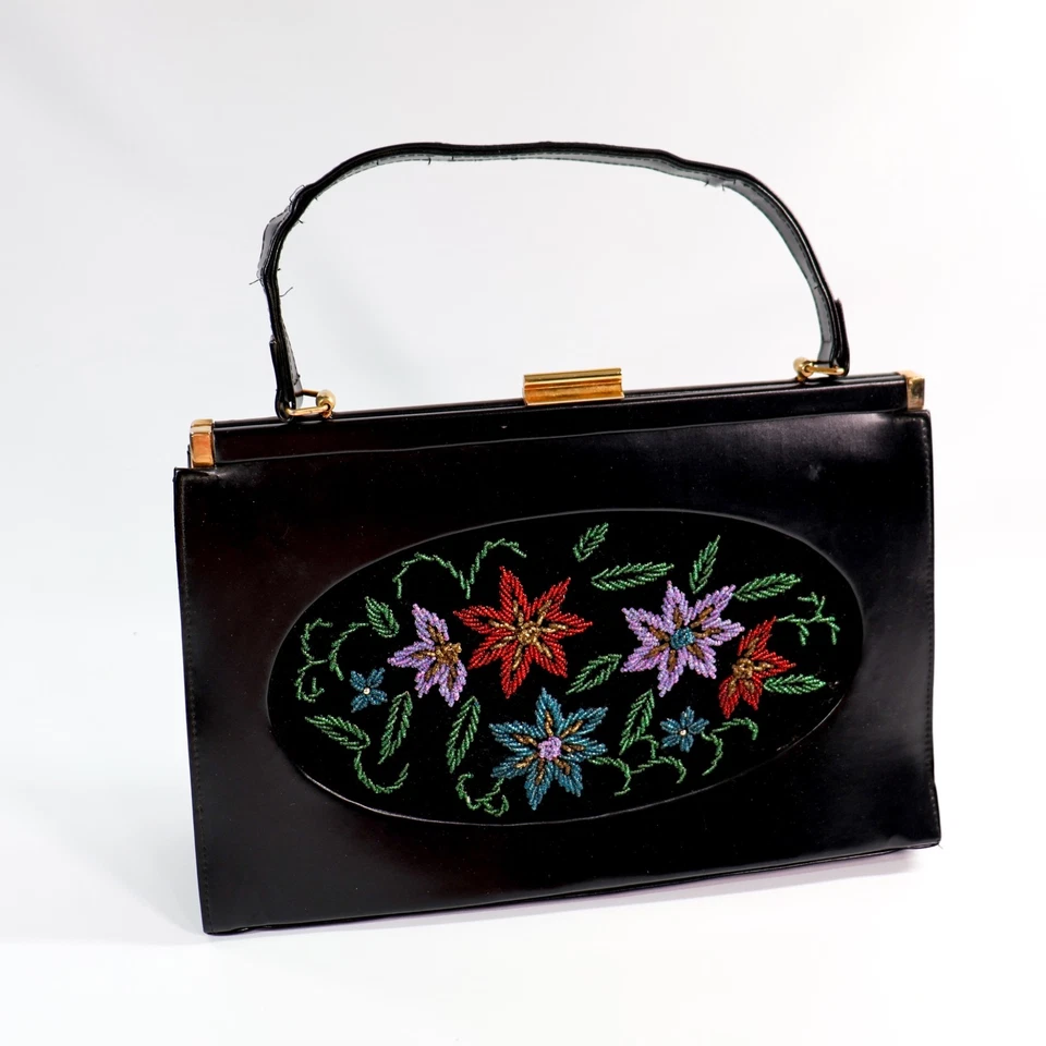Vtg Beaded Floral Handbag Purse 1960s MCM Black Faux Leather Top Handle Flowers - Image 3 of 4
