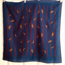 Vintage Scarf Leaf Design Navy Blue w Orange Leaves Red Stripes 26in Square