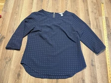 Christopher & Banks Blouse Women's Size Petite Medium Blue 3/4 Sleeve Diamonds