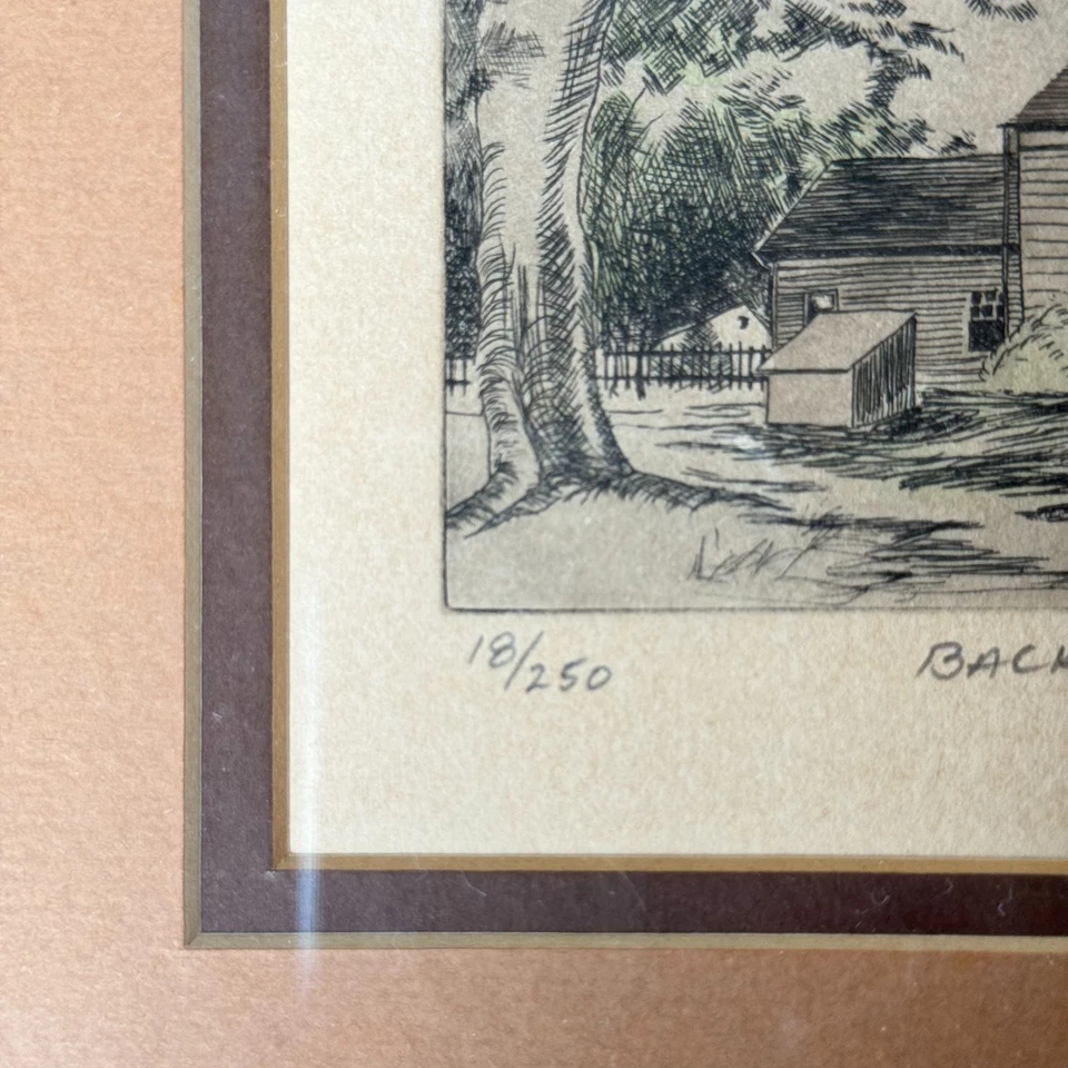 Grabado a Lápiz Original Al Barker "Patio Trasero" Artista Firmado Numerado #18 Enmarcado Foto 3 de 4