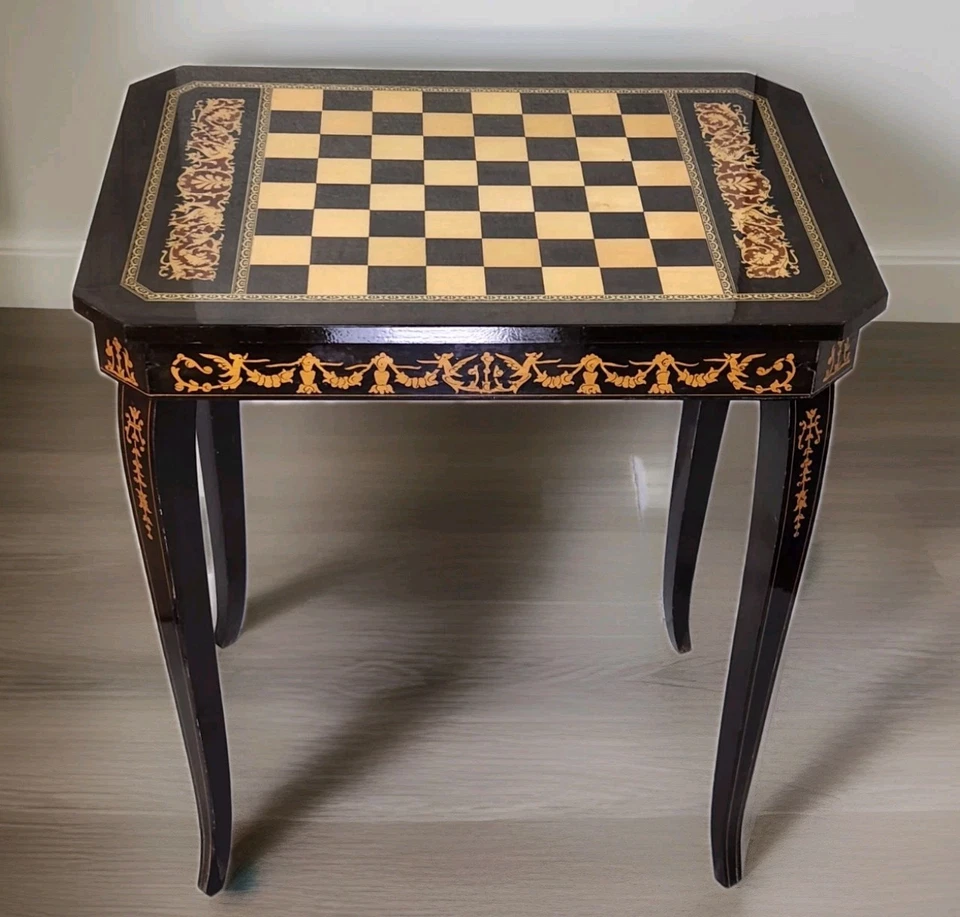 Antique Asian Import Lacquer Chinoiserie Chess Checkers Game Music Box Table - Image 2 of 4