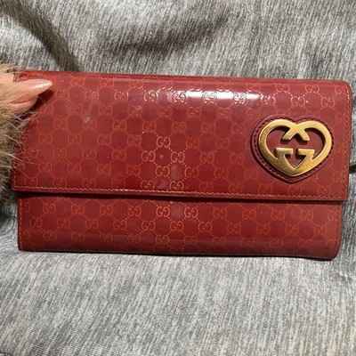 Gucci Guccissima Patent Leather Long Wallet Red Bifold elegant heart D632