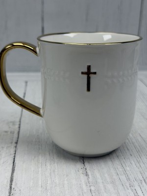 Inspirational White Ceramic Mug Gold Trim Handle Cross Emblem Religious Gift Cup