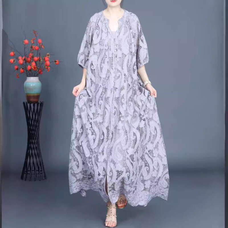 Verano Mujeres Color Sólido Elegante Vestido Hueco Cuello en V Manga Corta Falda Columpio