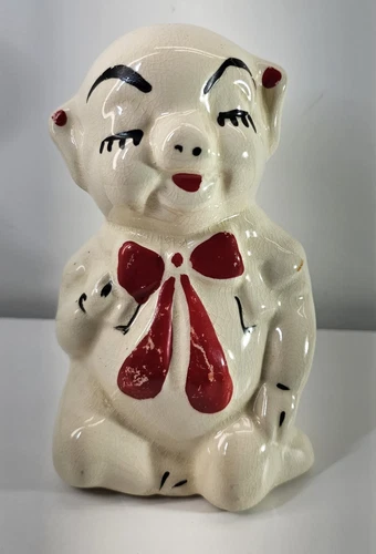 Vintage 1940's Shawnee Pottery Cold-Painted Smiley Pig With Red Bow Piggy Bank