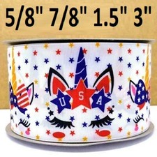 GROSGRAIN RIBBON 5/8" , 7/8",1.5",3" Unicorn 4th of July Stars Printed USA Flag