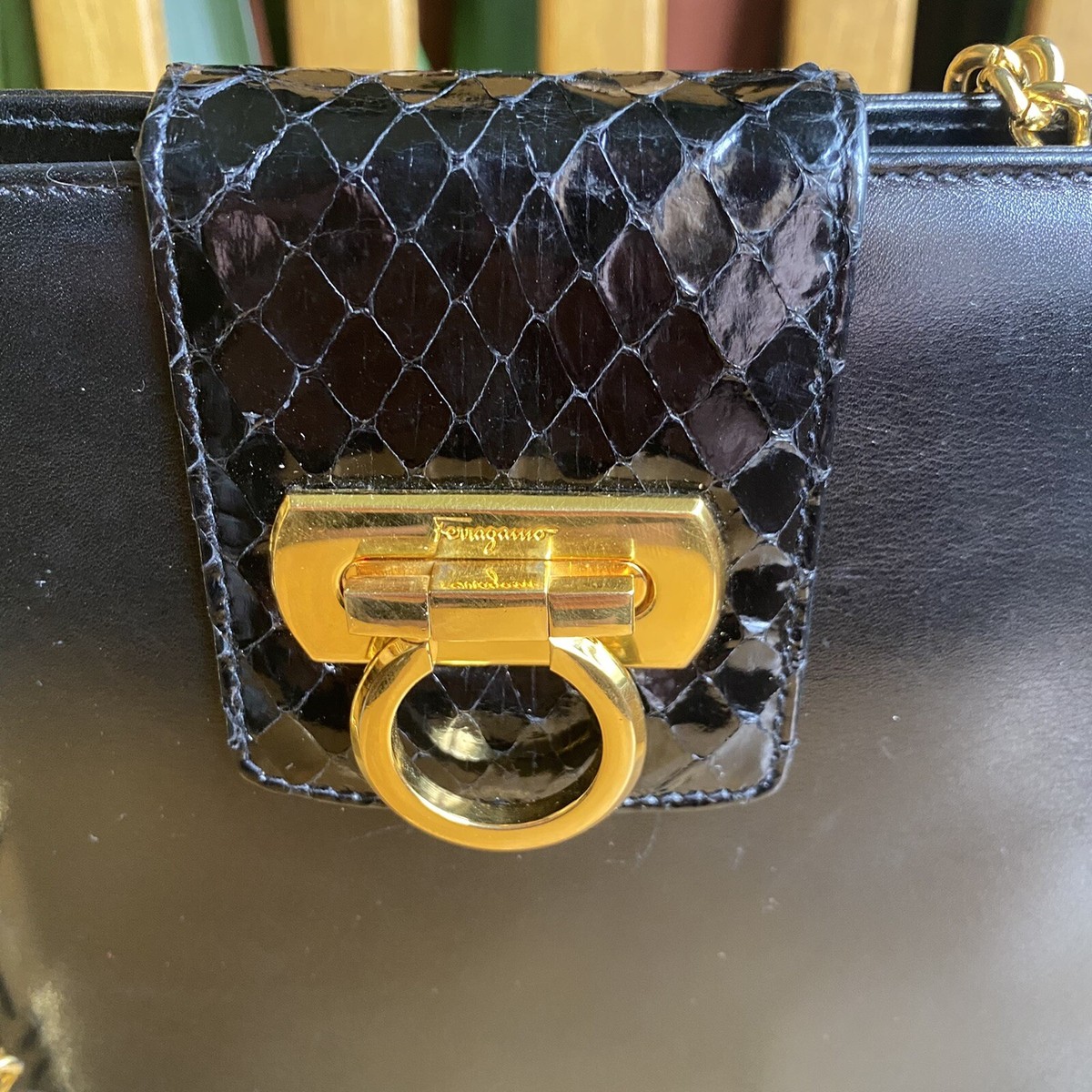 Salvatore Ferragamo Gancini Leather Crossbody Black Gold Chain