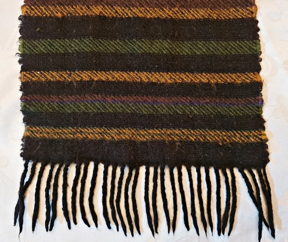 SCARF VINTAGE AUTHENTIC STRIPED GREEN BROWN WOOL BLEND LONG MEN'S FRINGE - Image 2 of 3