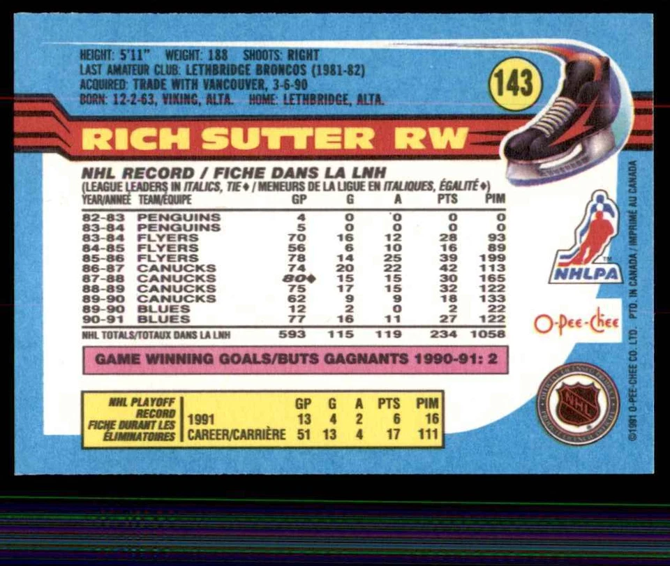1991-92 O-Pee-Chee Rich Sutter St. Louis Blues #143 - Image 2 of 2