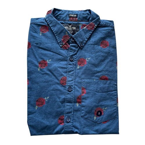 Hollister Men's Stretch Casual Red Rose Pattern Trendy Short Sleeve Shirt Blue - Picture 3 of 10