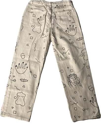 SHEIN High Waisted Graphic 90s Style Geo Print White Denim Jeans Womens Size S - Picture 2 of 11