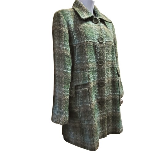 Vintage Womens Harvé Benard Green & Brown Plaid Wool Blend Tweed Coat - Picture 4 of 6