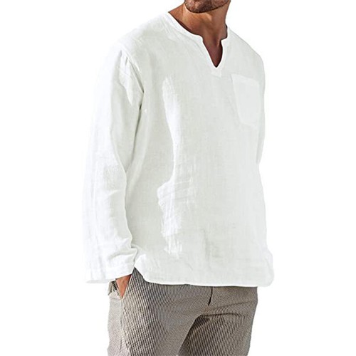 Herren Langarmshirts T-Shirt Sommer einfarbig V-Ausschnitt Strandbluse Tops - Bild 8 von 17