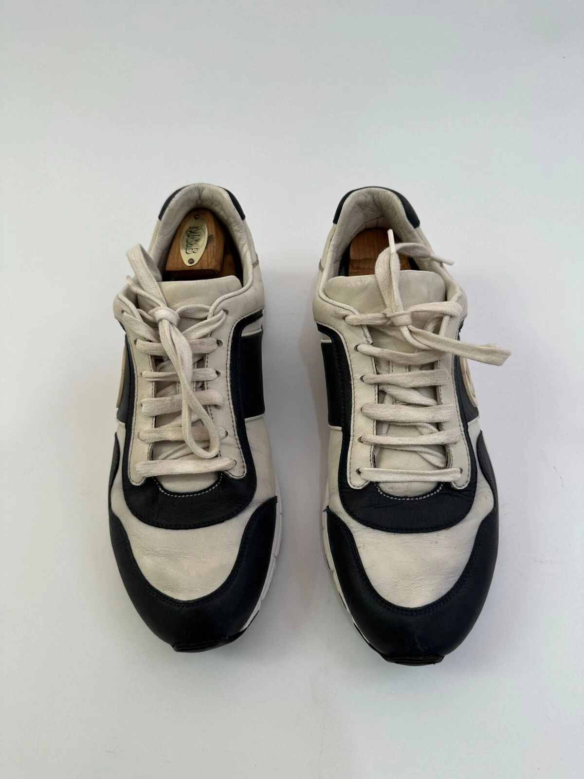 Baskets basses Gucci blanc/bleu marine en cuir imbriqué G taille 40,5