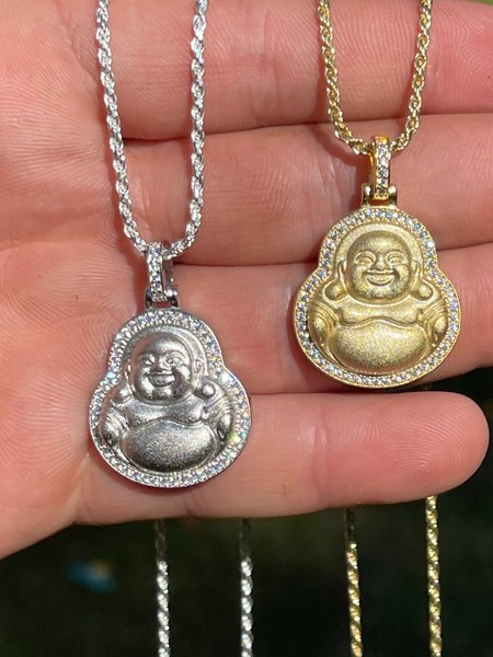 Alternate view of Real 925 Silver Gold Plated Hip Hop Buddha Pendant Mens Ladies Iced Necklace