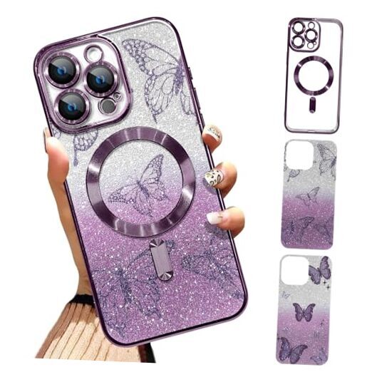 Case Fit [Compatible with MagSafe] Glitter for iPhone 16 Pro Purple - Butterfly
