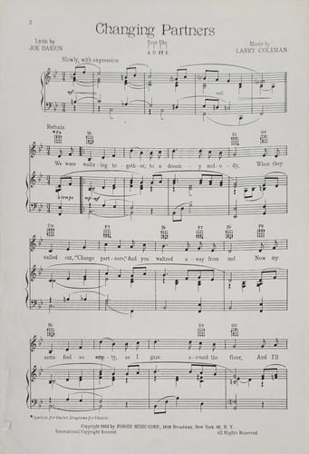 Changing Partners By Patti Page Piano Song Lyrics Sheet Music d6 - Picture 2 of 3