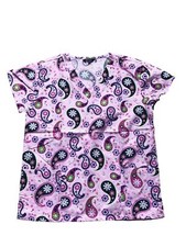 Women's Fashion Medical Nursing Scrub Tops Pink Base Colorful Shapes XL