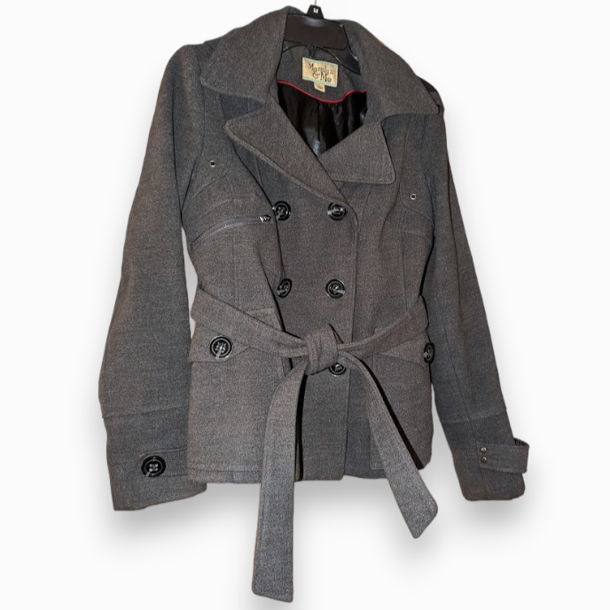 Maralyn Me Dark Grey Convertible Hood Lined Stretch Jacket Pea Coat Women  sz L