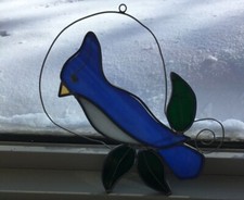 VINTAGE Stained Glass Suncatcher BLUE JAY 7"
