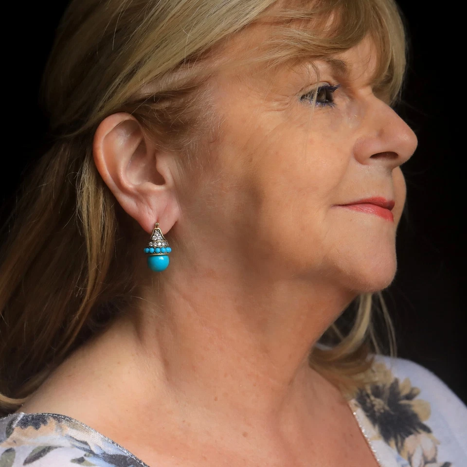 Ohrringe Schläfer Golden Fassung Aus Cz Perle Türkis Vintage Stil ET9 - Bild 2 von 4