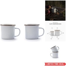 Enamel Cup Set of 2 16 oz Stainless Steel Rim Camping Coffee Mugs Eggshell