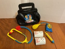 Vintage 1987 FISHER-PRICE Medical Kit Bag Stethoscope BP Cuff Bandage Cast