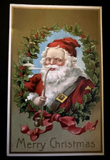 Santa Claus in Wreath of Holly~ with Pipe~Antique 1907~Christmas Postcard~k557