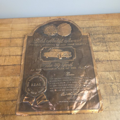 #ad Original 1949 Ford Gold Medal Award Fashion Car Of The Year Copper Sign $400.00