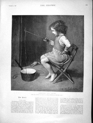 Alter antiker Druck 1896 kleines Mädchen Dibbling Chubb Angeln Portrait Hirse 19.