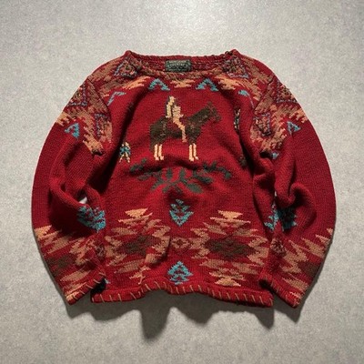 90s POLO COUNTRY Ralph Lauren Indian Native Hand Knit Sweater Navy 