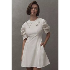 Anthropologie BHLDN Puff Sleeve Mini Dress Ivory Size M Embellished Collar NWOT 