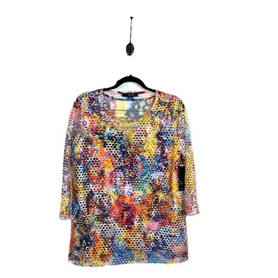 NWT Ali Miles Top Medium Mesh Overlay Sheer Artsy Layered Boho Colorful