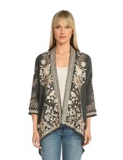Johnny Was Othilia Embroidered Crane Kimono Cardigan Sweater Floral Cotton Large