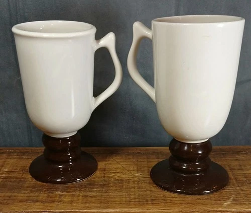 Pair Vintage White Brown HALL China Footed Pedestal Irish Coffee Mugs 1272/1273