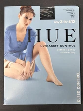 Hue Pantyhose Size 3 Large Black Sleek Ultra Soft Control Top Sheer Leg 5974